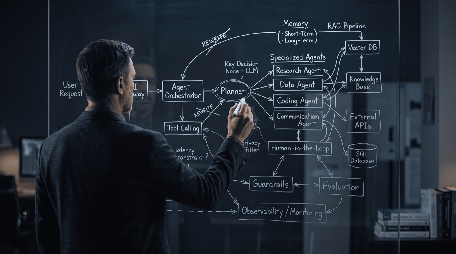 Working through an AI agent system's architecture at a whiteboard