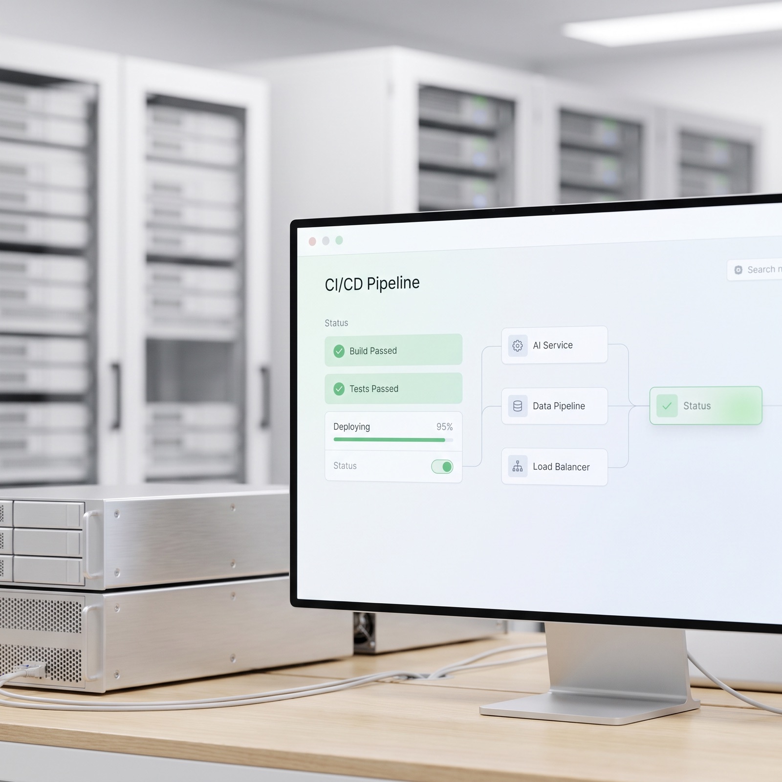 CI/CD deployment pipeline dashboard for a production AI agent service